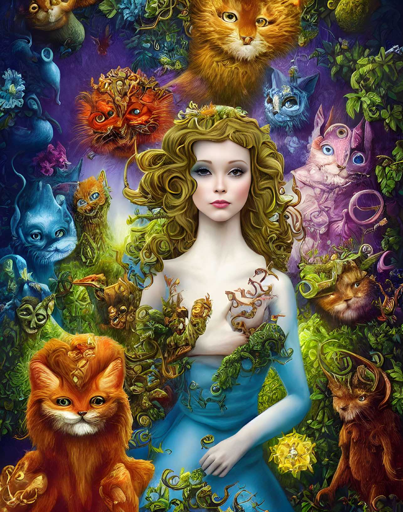 Colorful Cats Surround Woman in Whimsical Floral Setting