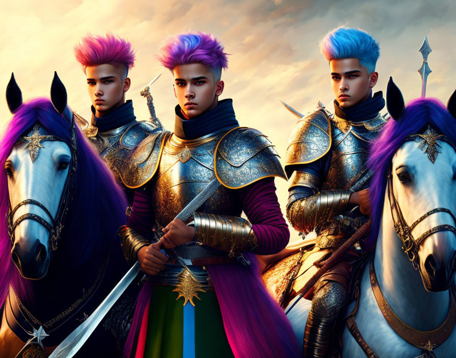 Three individuals with purple hair in armor with two horses under a dramatic sky