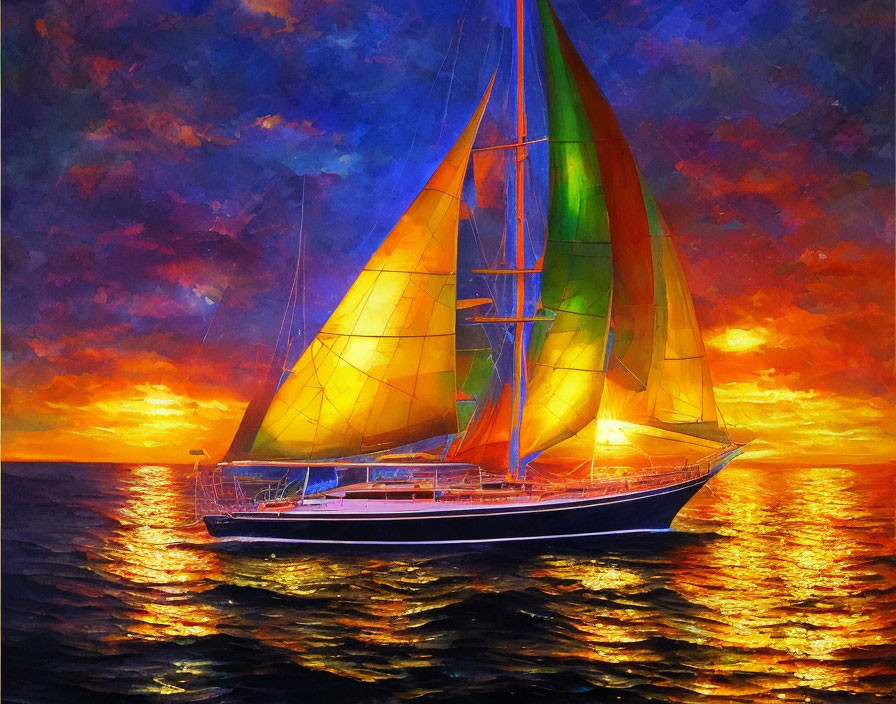 Colorful Sailboat Painting at Sunset with Vibrant Sails