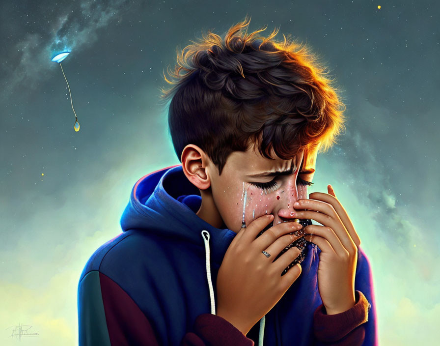 Digital artwork: Boy in blue hoodie crying with cosmic elements and glowing tears on starry background