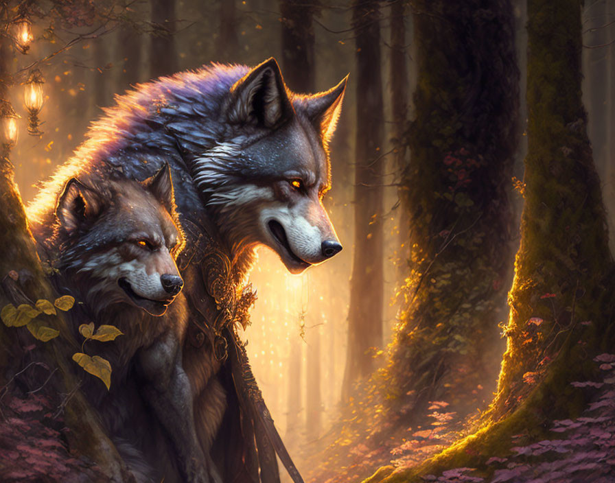 Mystical wolves in sunlit forest with glowing fireflies