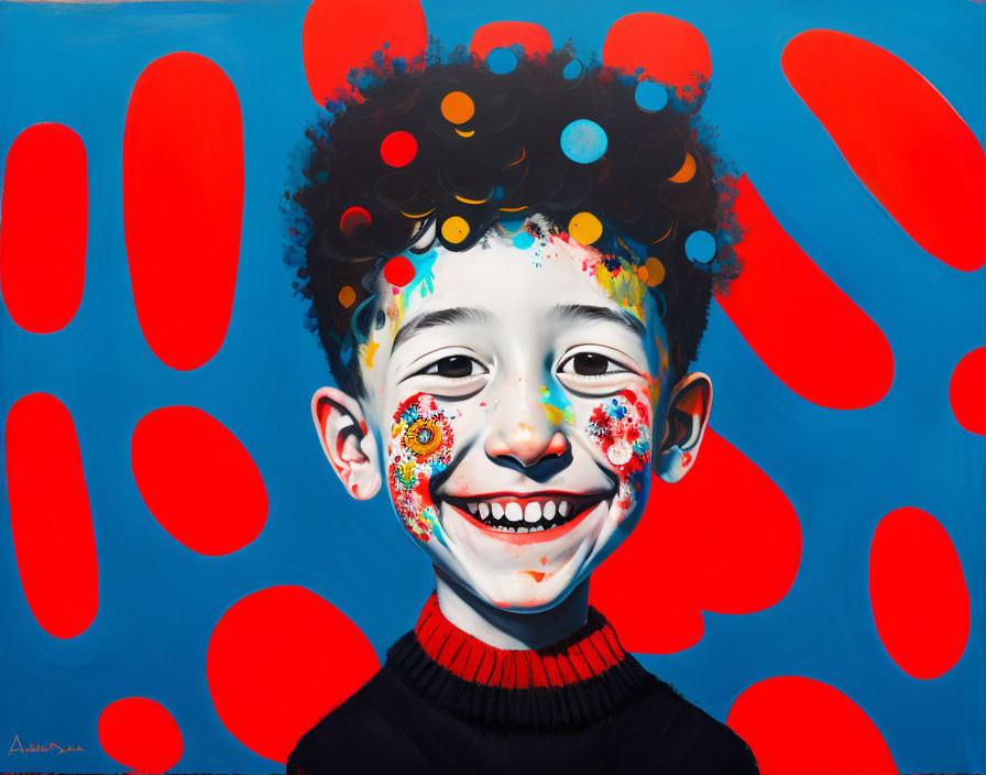 Colorful painting of smiling child with curly hair on bright blue background