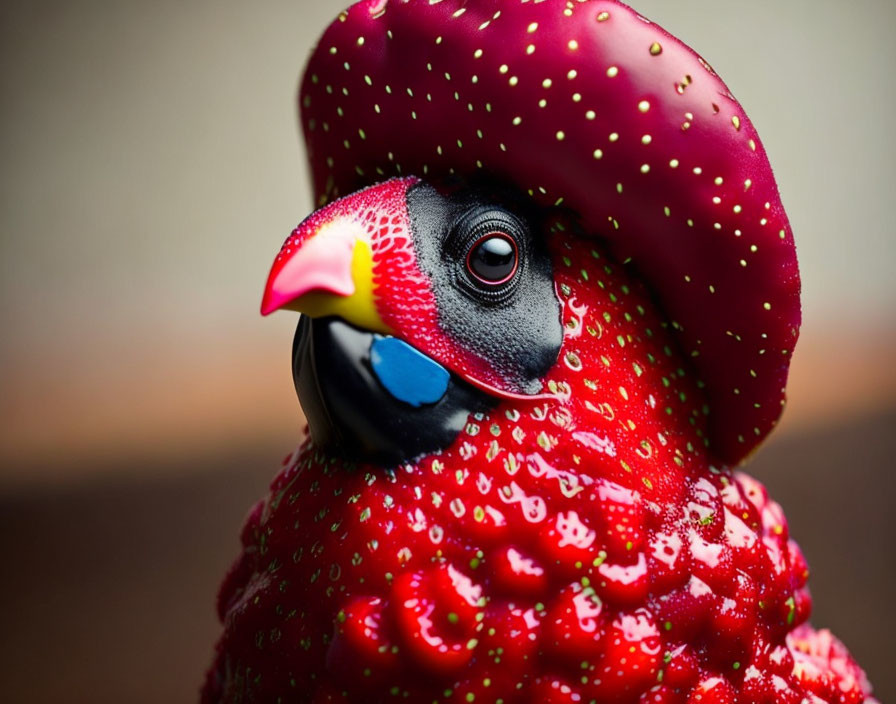 Detailed close-up of vibrant red parrot with droplets, blue cheek patch