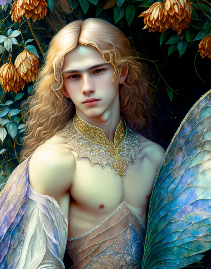 Blond ethereal figure with gold collar and translucent wings among lush foliage