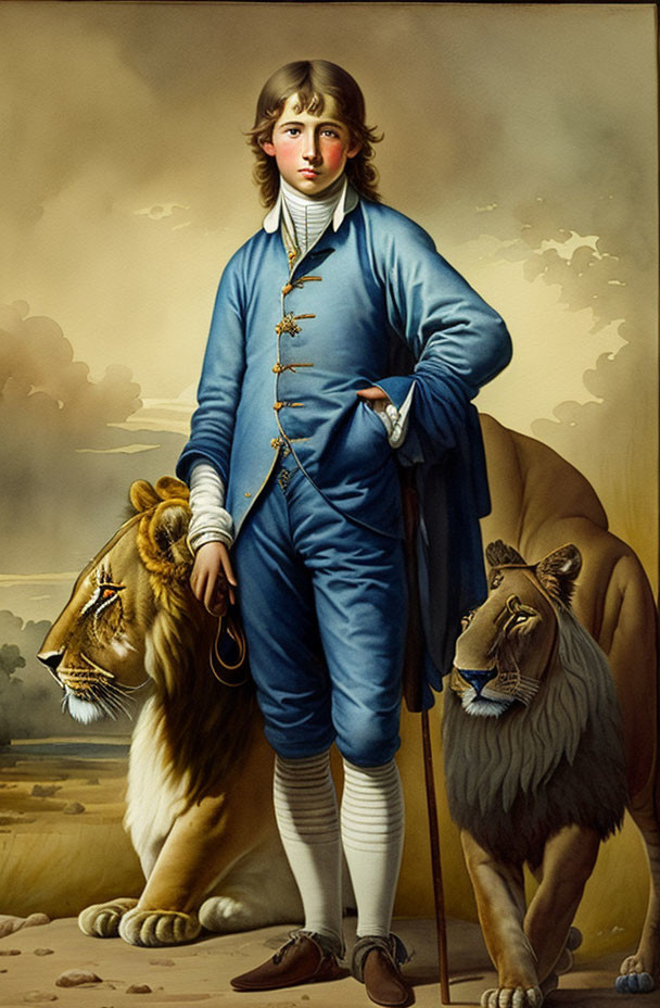 18th-century painting of a confident boy with lions, staff