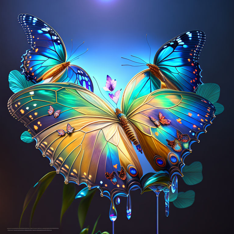 Colorful Butterfly Artwork with Dewdrops and Soft Light