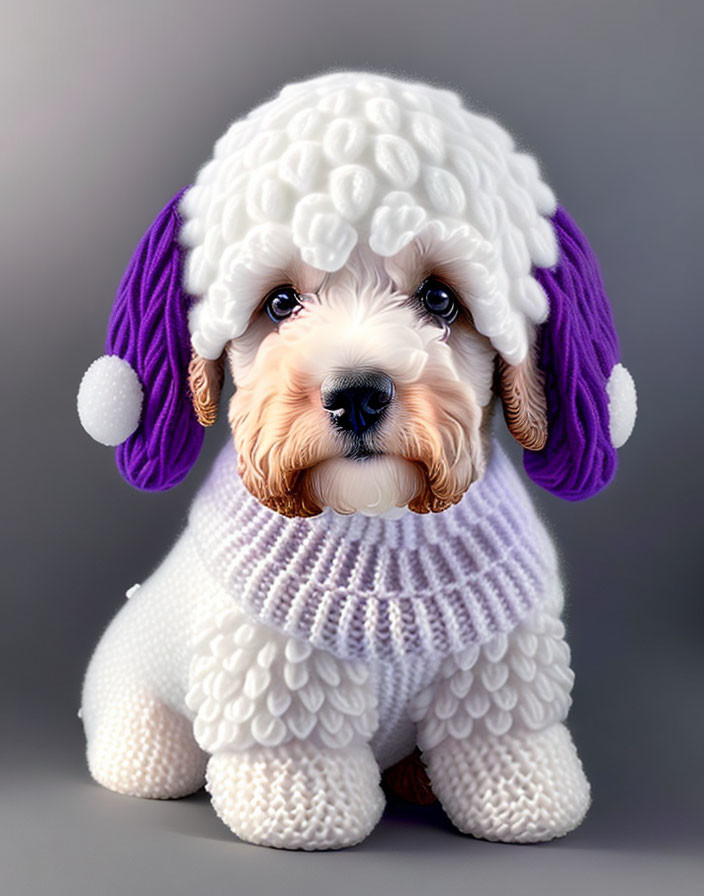 Fluffy White Dog in Purple Knitted Hat and Scarf