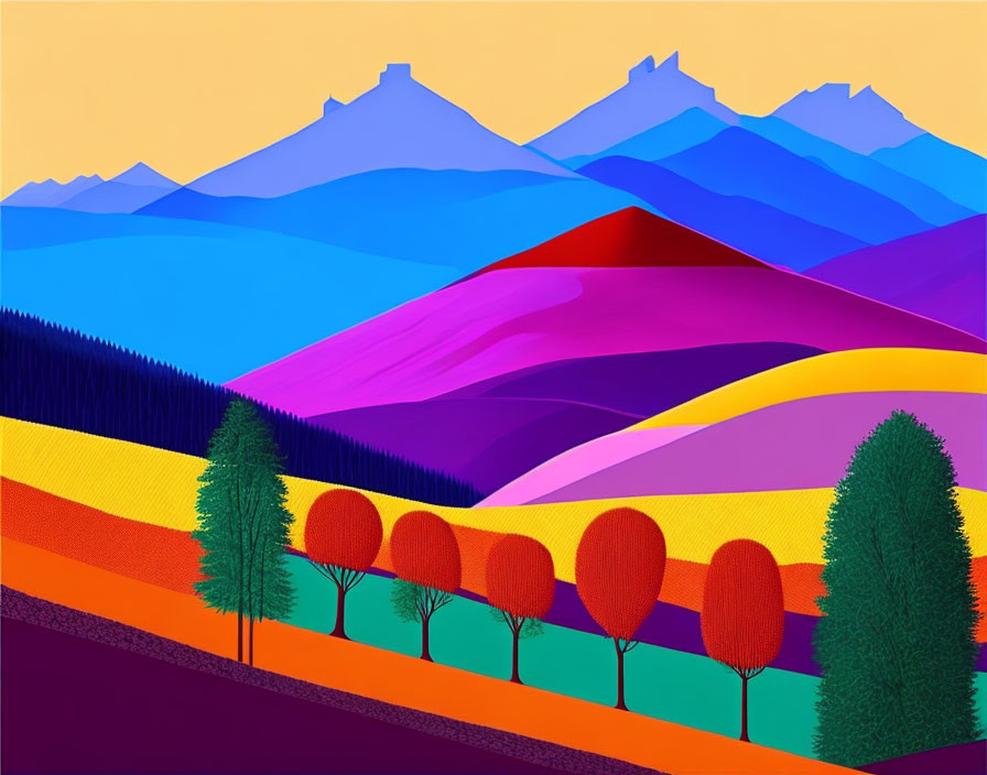 Colorful Abstract Landscape with Stylized Mountains and Trees