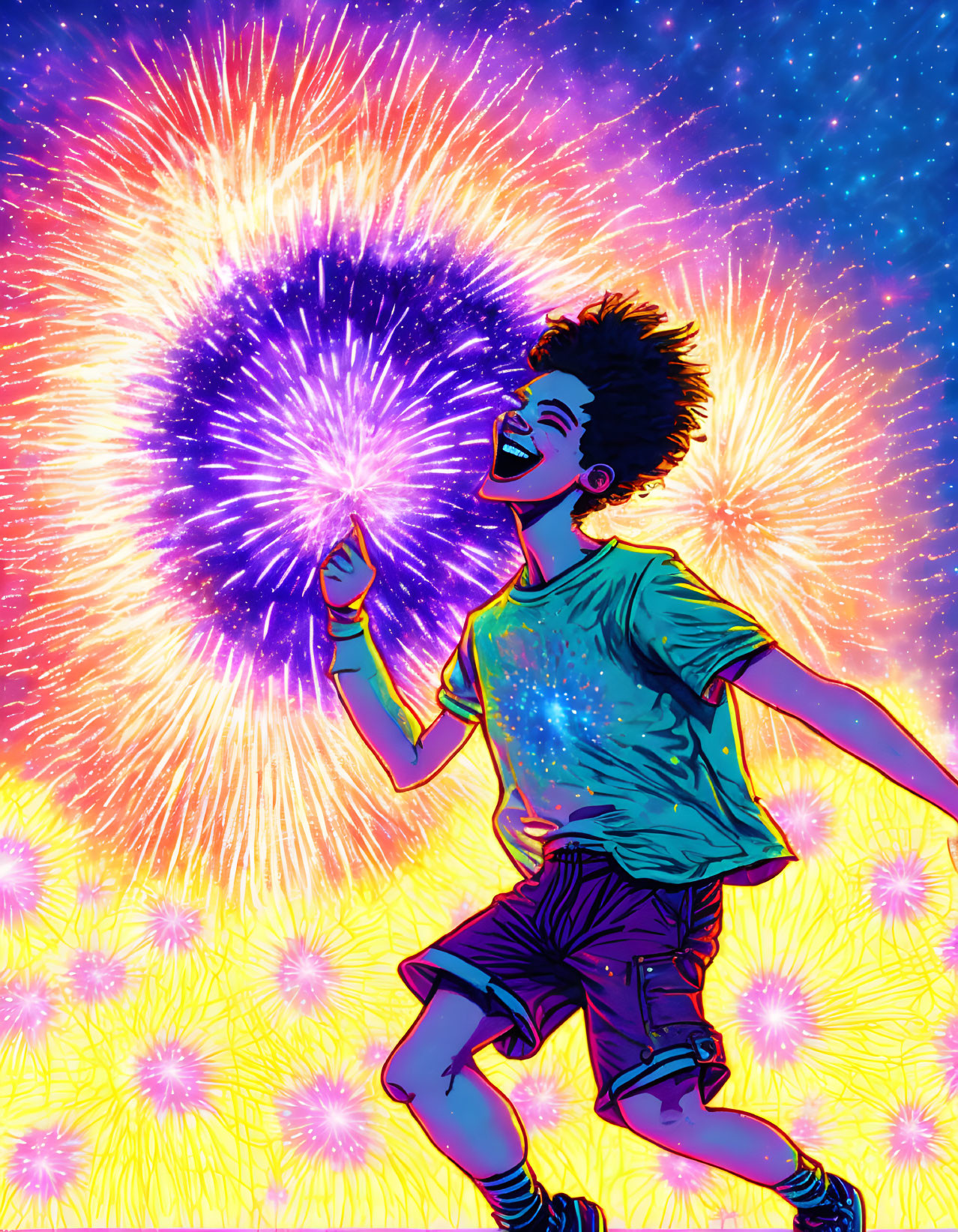 Colorful fireworks light up sky above happy child in vibrant illustration