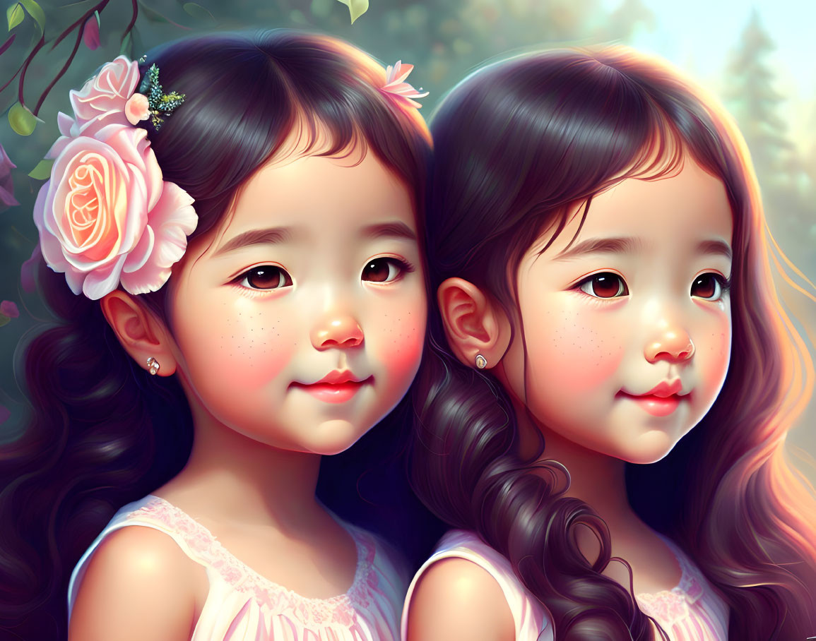 Illustrated young girls with rosy cheeks and flowers in hair on soft background