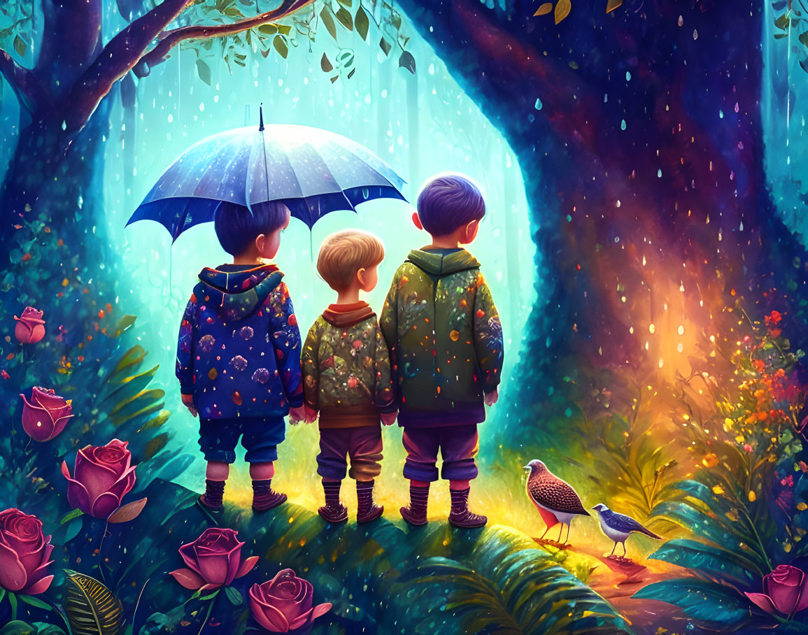 Children with umbrella in vibrant enchanted forest with curious bird and radiant flowers.