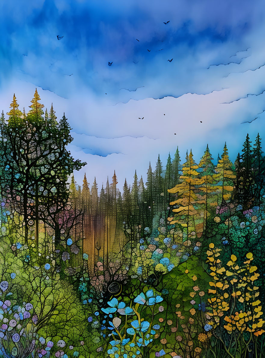 Colorful Forest Scene with Birds under Blue Sky