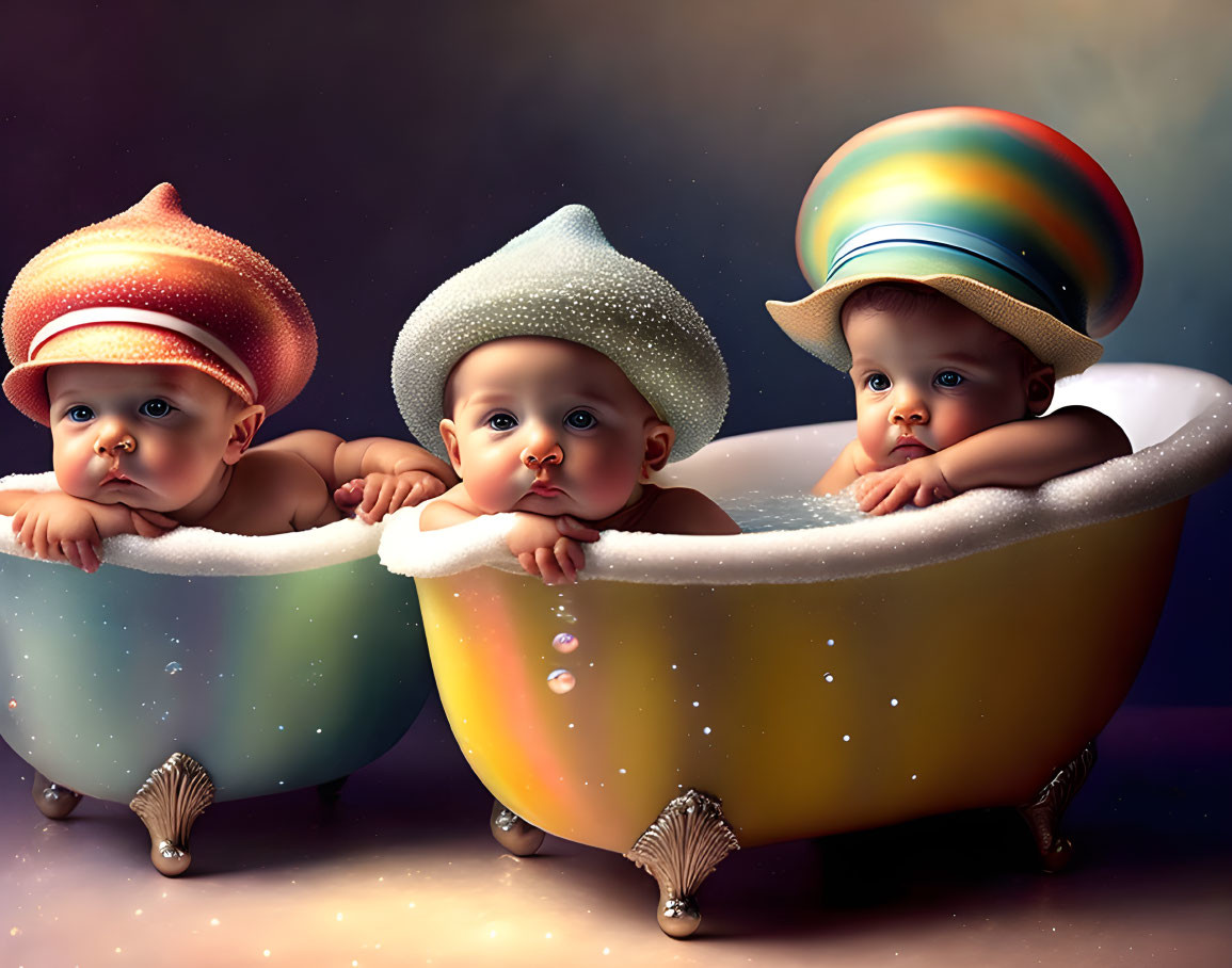 Three babies in clawfoot tub with planet hats in space-themed setting