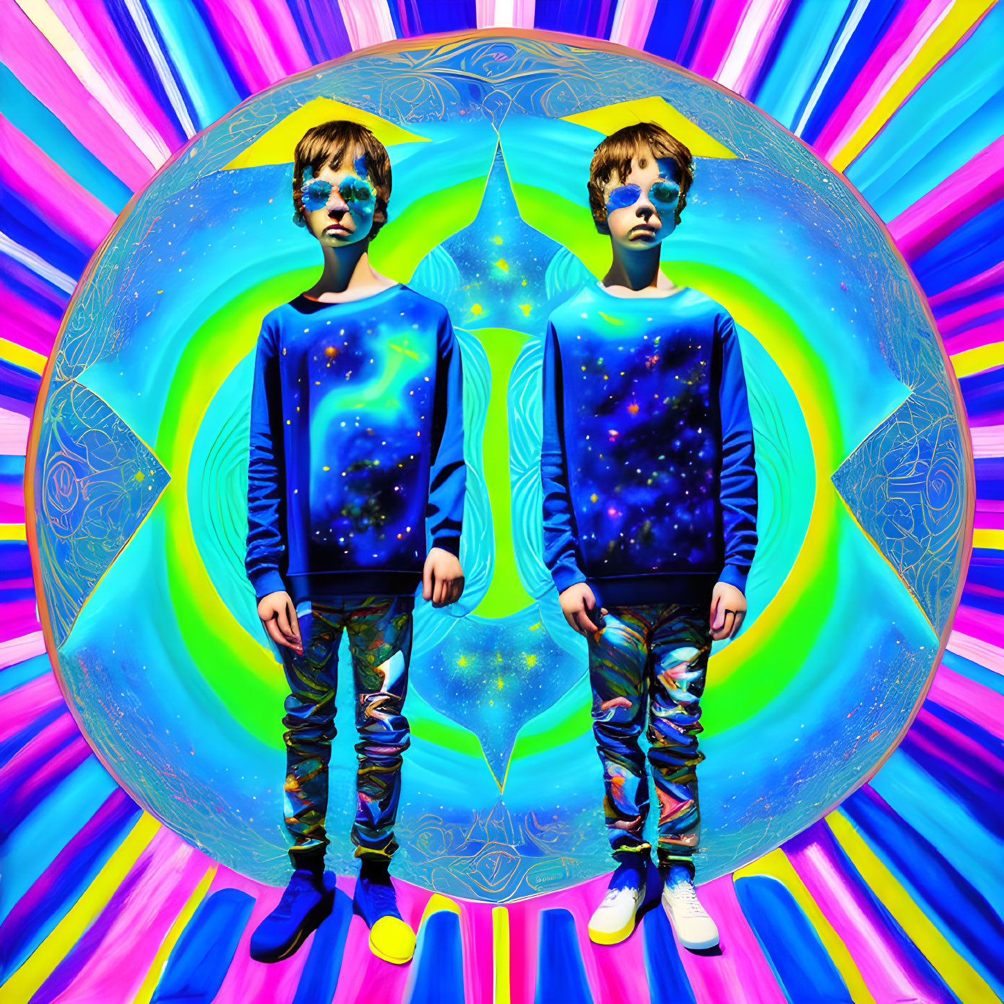 Symmetrical Space-Themed Twin Boys with Psychedelic Background