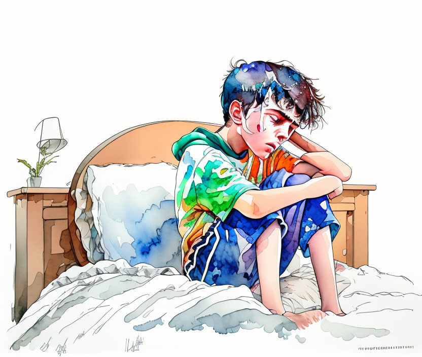 Vibrant illustration of a boy on unmade bed with scattered items