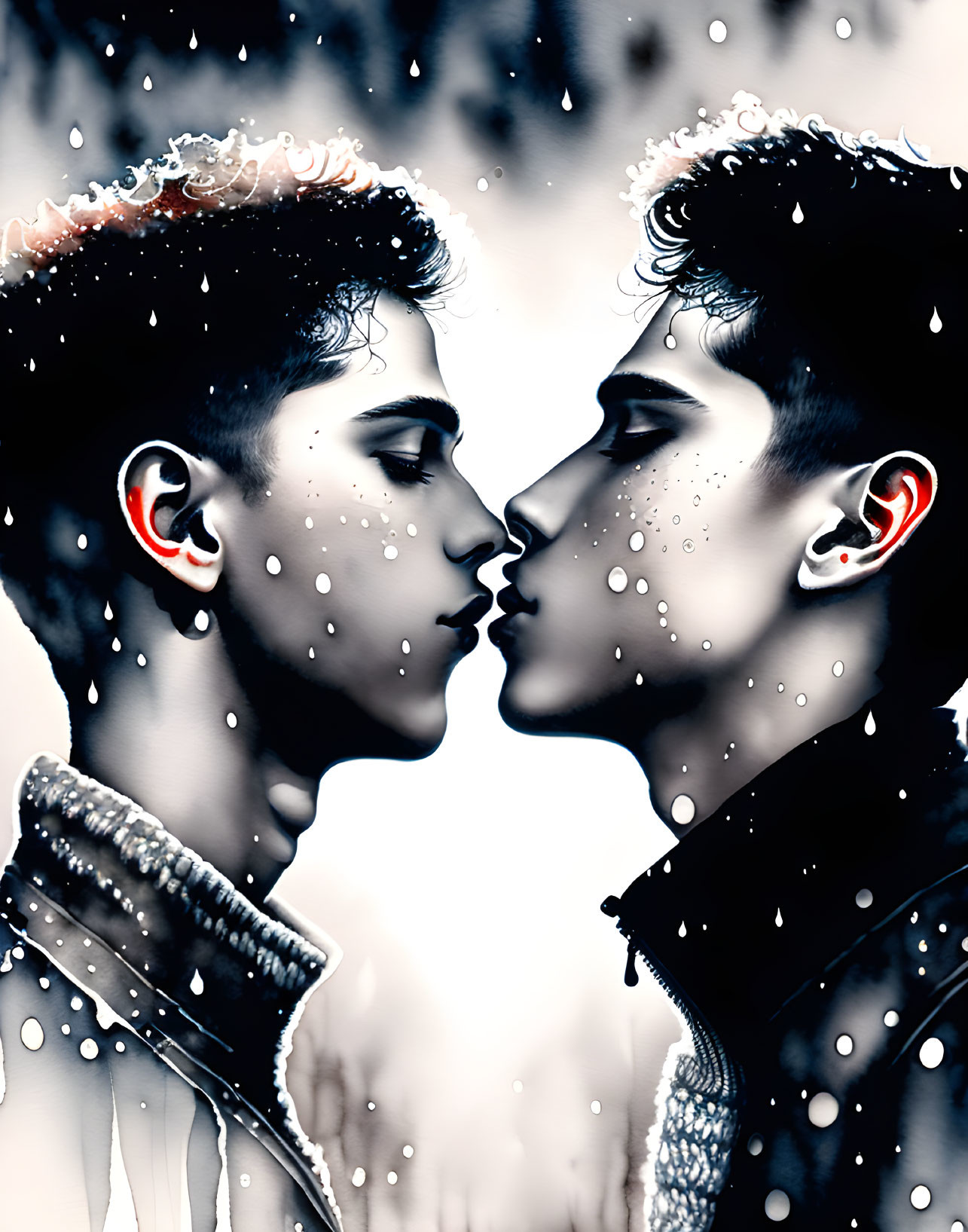 Monochrome style artwork of two people almost touching noses