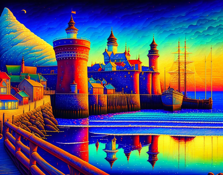 Fantastical castle by the sea with sailing ship and starry night sky