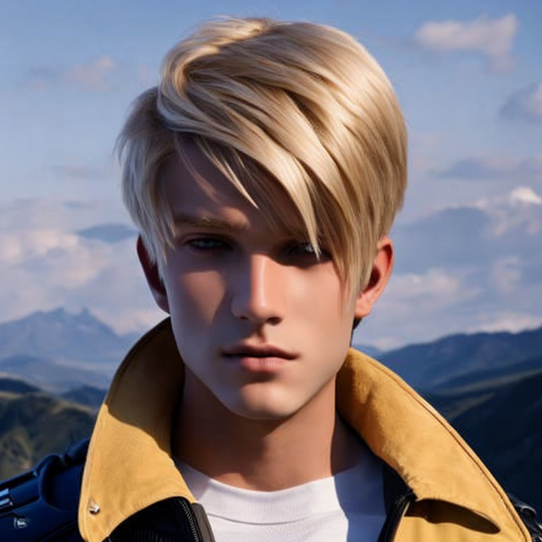 Digital artwork: Young male with blond hair, blue eyes, yellow jacket, mountain backdrop