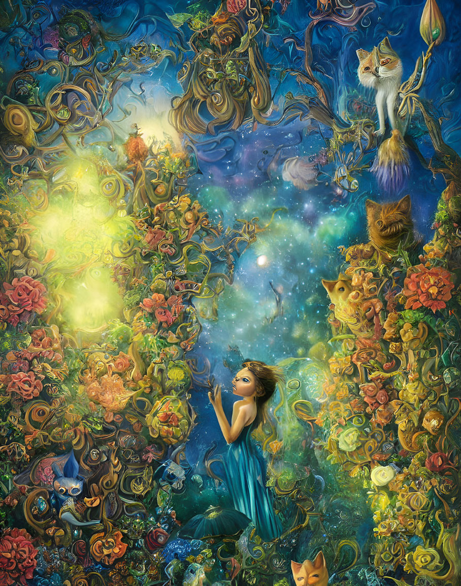 Colorful Artwork: Woman with Cats and Fantasy Nature