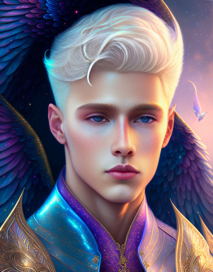 Digital artwork featuring person with blue eyes, white hair, ornate collar, dark wings, and glowing