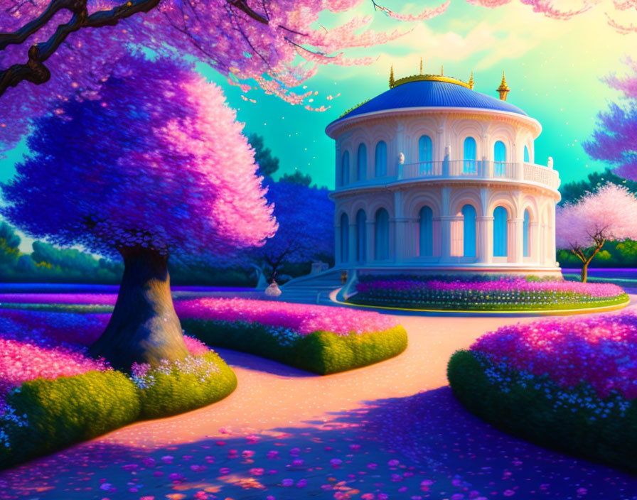 Grand circular building in vibrant pink blossom landscape at twilight