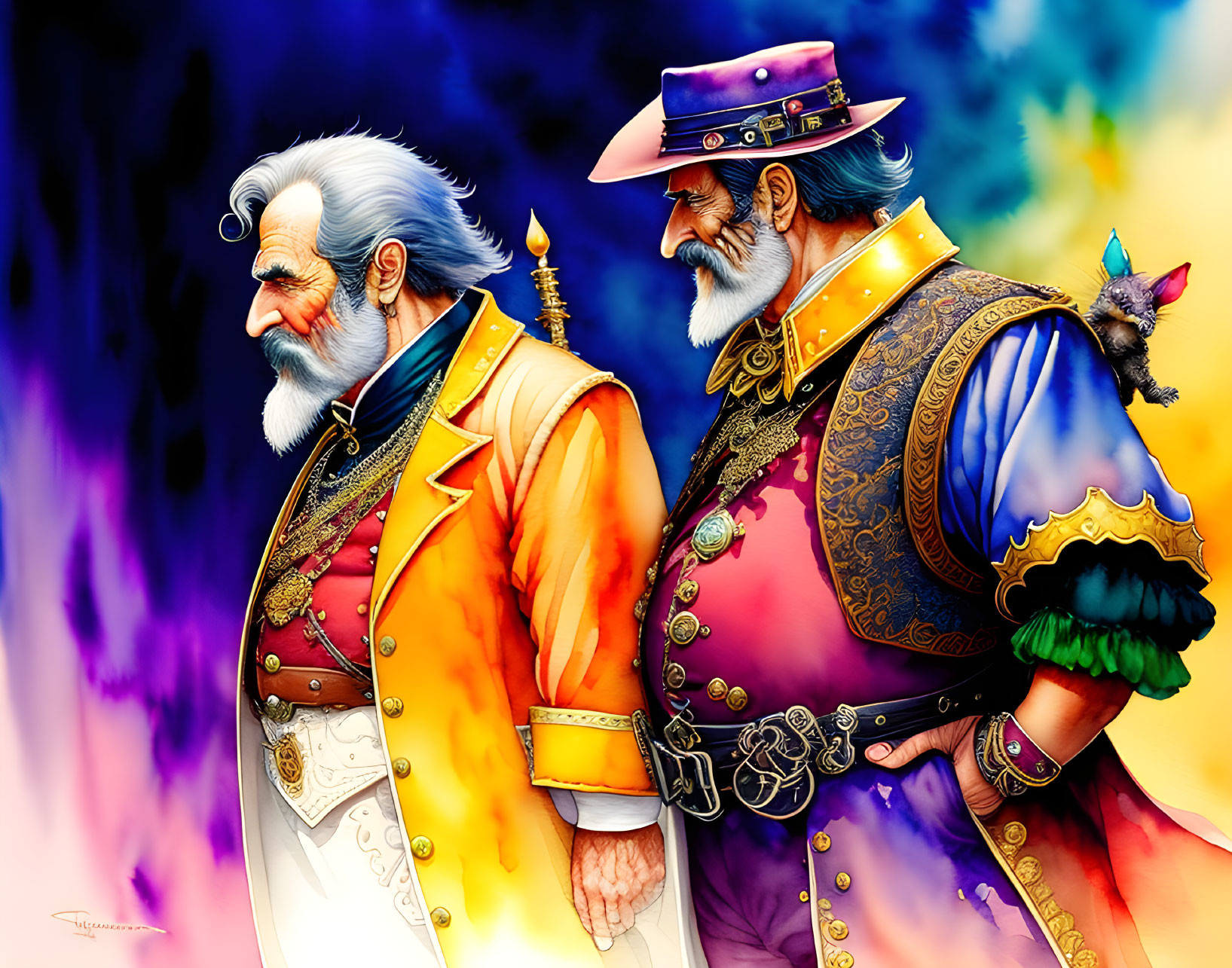 Elderly Gentlemen in Colorful Western Outfits Back-to-Back