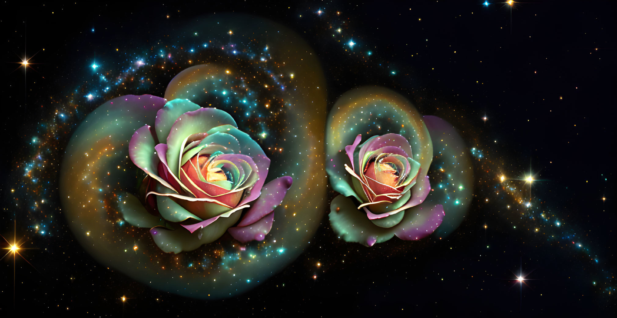 Cosmic roses digital art with galaxy patterns on starry backdrop