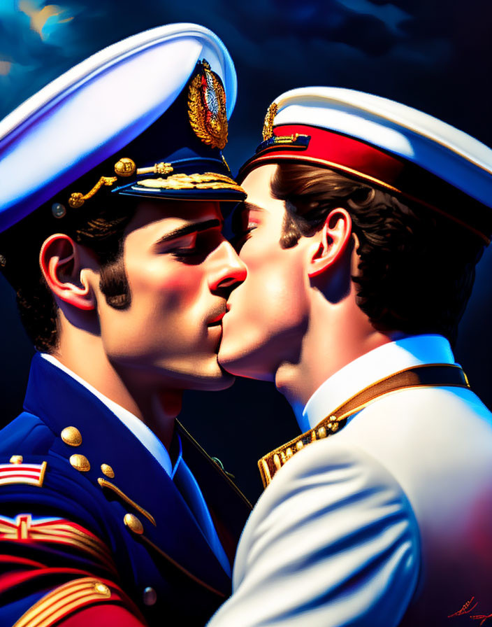 Stylized male figures in military uniforms kissing on dark blue background