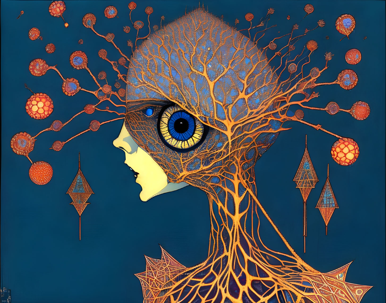 Surreal profile with tree-like veins and blue eye on blue background.