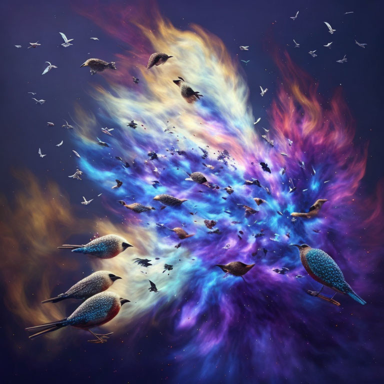 Birds flying from cosmic explosion in blue, yellow, and purple hues