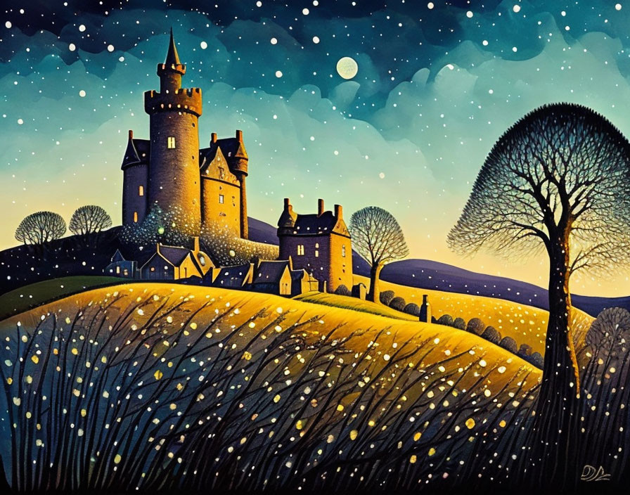 Stylized artwork of castle at twilight with stars, moon, lone tree, glowing field