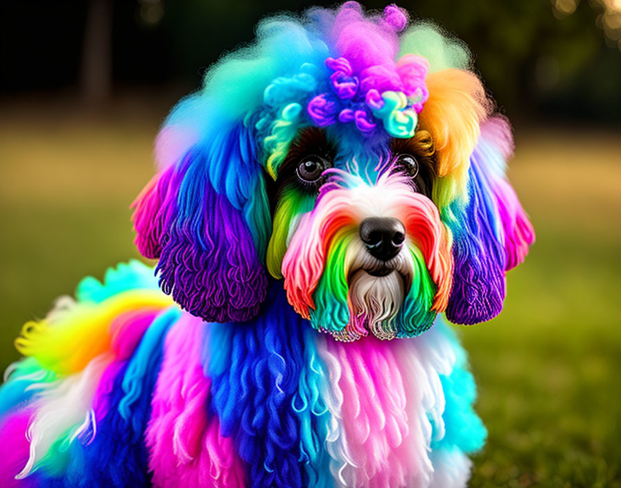 Rainbow-dyed poodle with colorful fur in shades of pink, blue, green, and