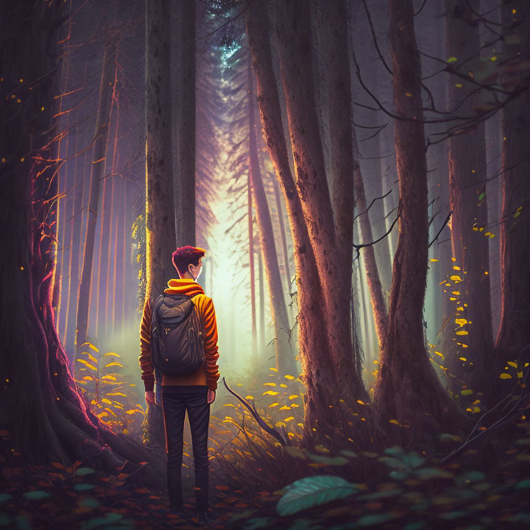 Person in Red Hoodie in Mystical Forest with Tall Trees and Soft Light