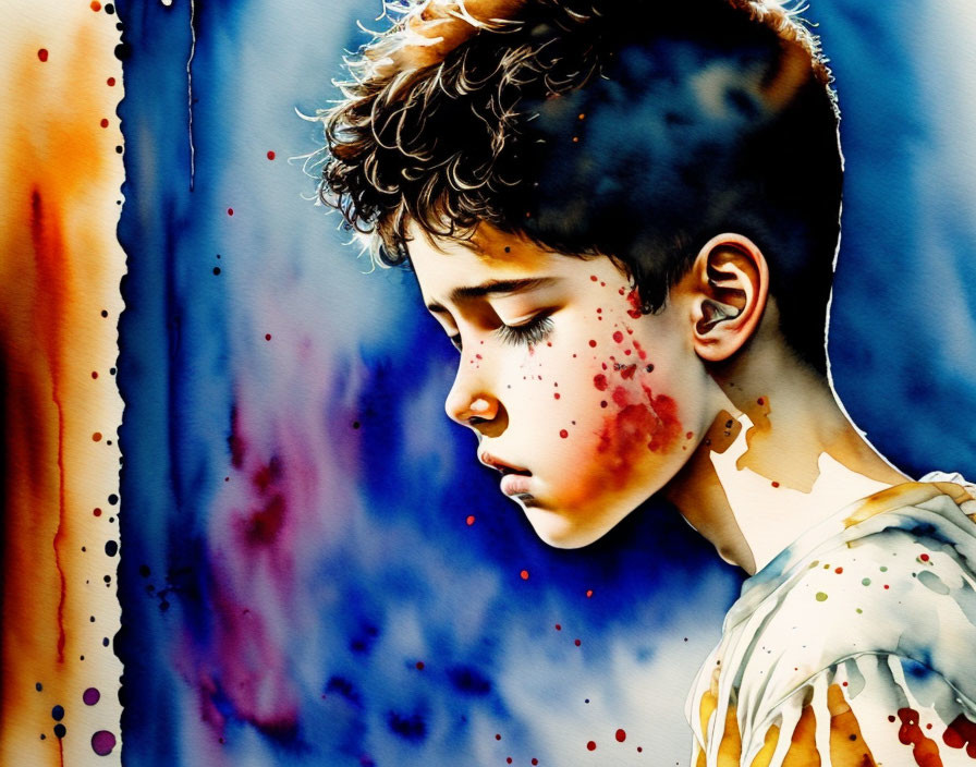 Contemplative boy in vibrant watercolor painting