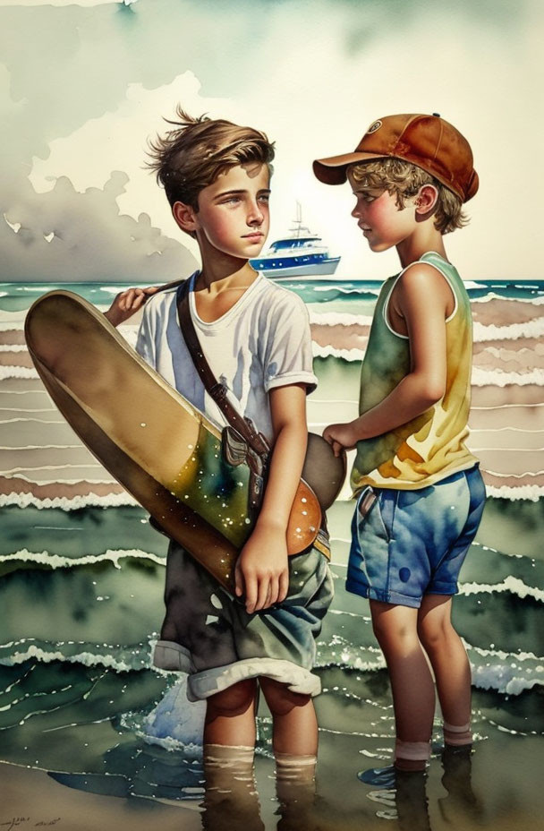 Two boys on a beach with a surfboard and yacht in the background