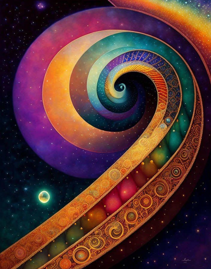 Vibrant cosmic painting with spiraling galaxy and stars in surreal shades.