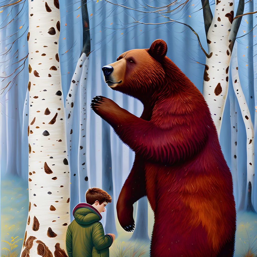 Brown bear and boy in green jacket in birch forest observing something distant