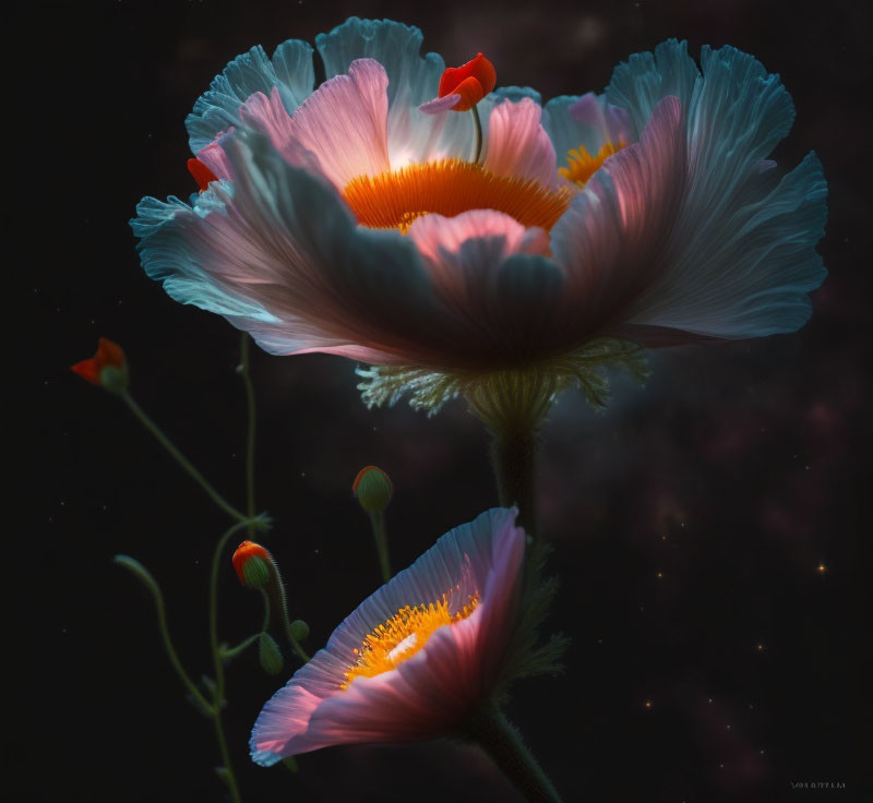 Vibrant orange and white poppies on dark, starry background