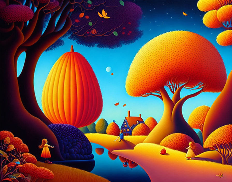 Colorful whimsical landscape with stylized trees, stream, fruit-shaped hot air balloon, and figures