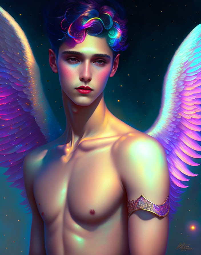 Colorful curly-haired angelic figure with white wings and ornamental arm cuff in starry background.