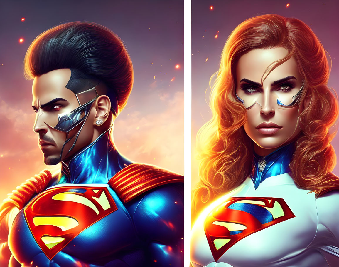 Stylized superheroes with emblems, male with beard and cybernetic enhancements, female with flowing