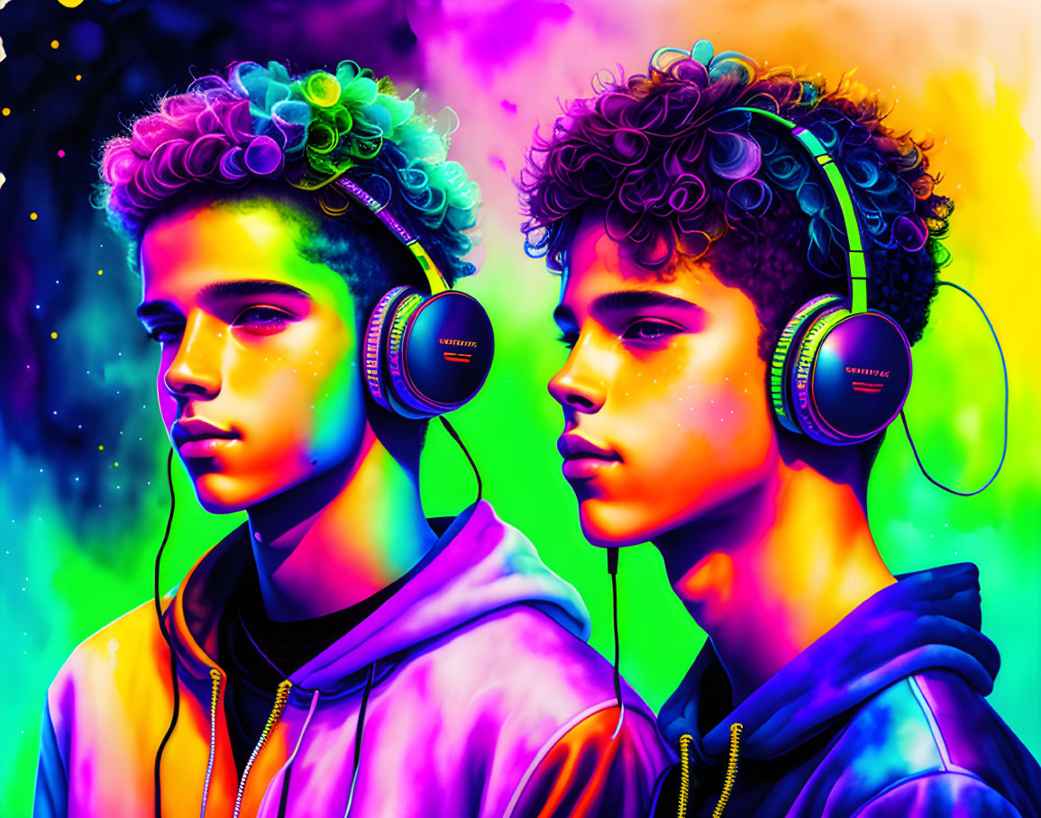 Curly-Haired Individuals in Headphones on Neon Cosmic Background