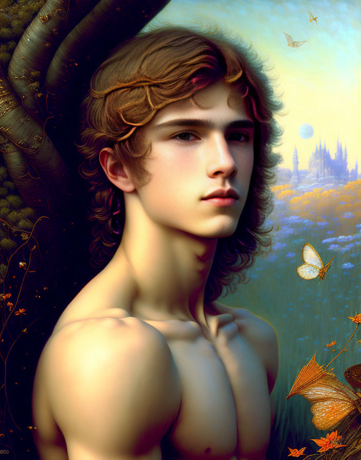 Young male portrait with laurel wreath in fantasy setting.