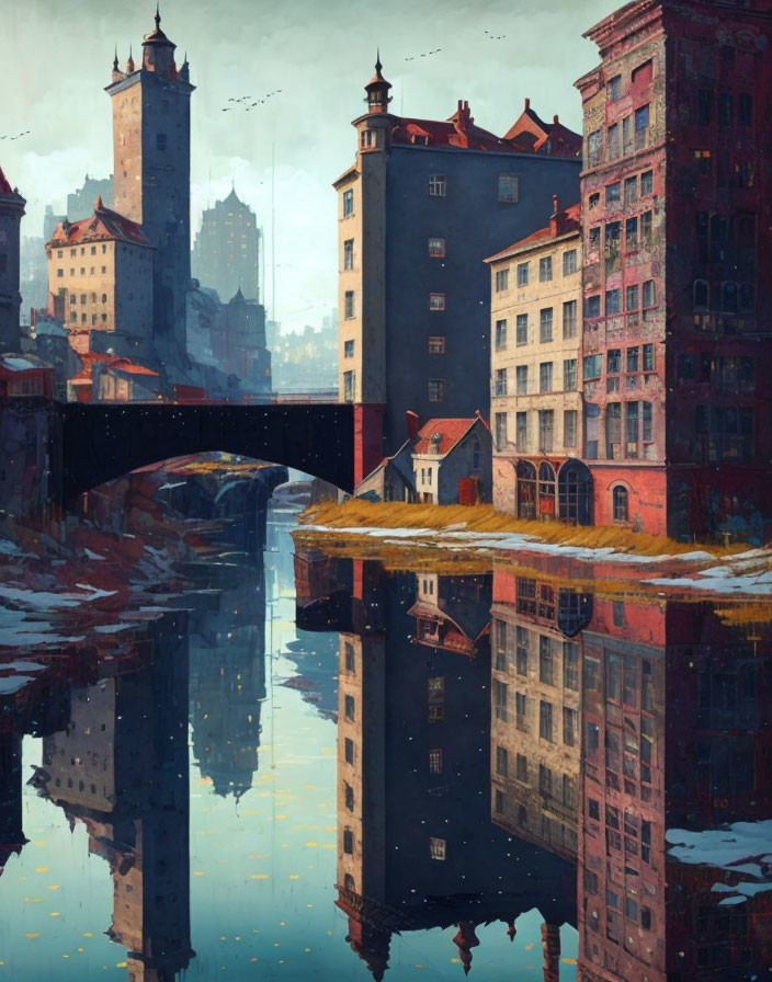 Historic cityscape with canal reflections and bridge under warm light