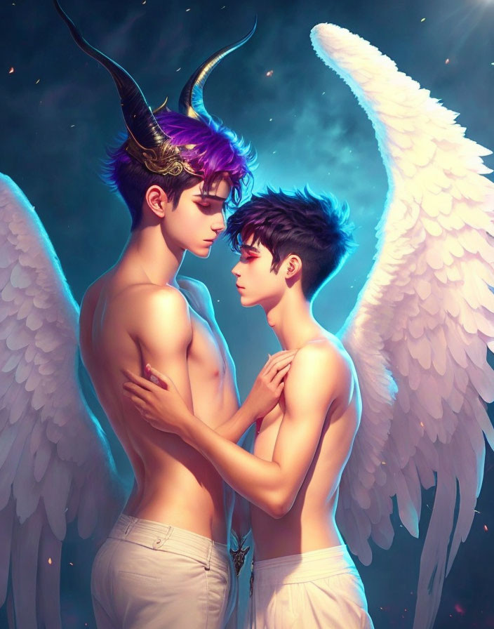 Angel and horned figure embrace under starlit sky