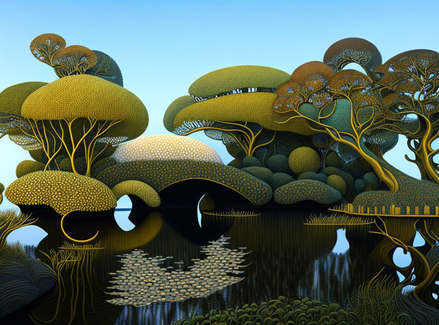 Surreal landscape with dome-shaped trees and tranquil water reflection