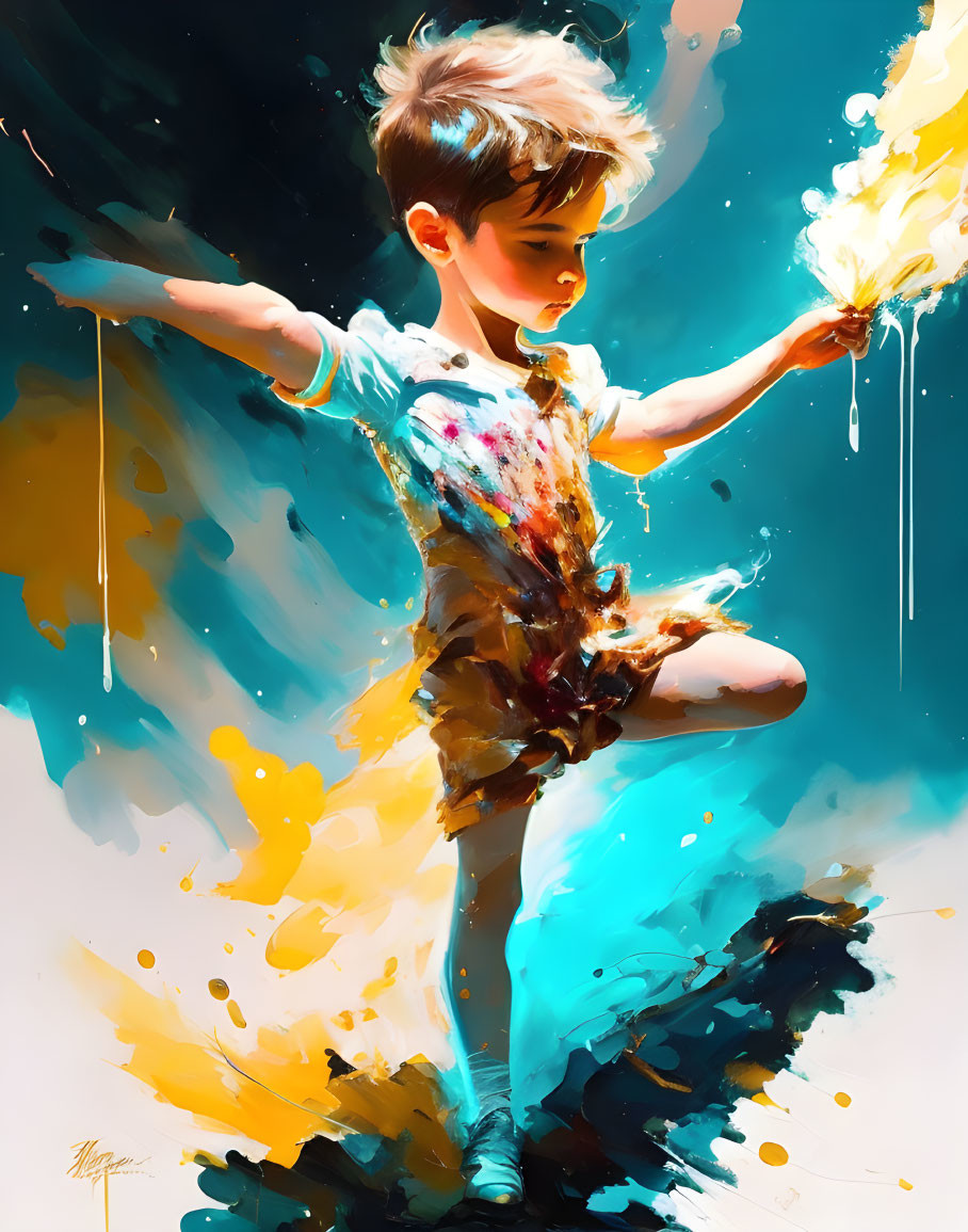 Colorful painting of a boy with dandelion in blue and yellow splashes