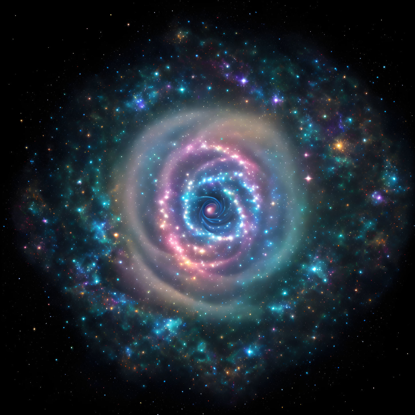 Spiral Galaxy with Swirling Stars and Nebulae in Blue, Pink, and White