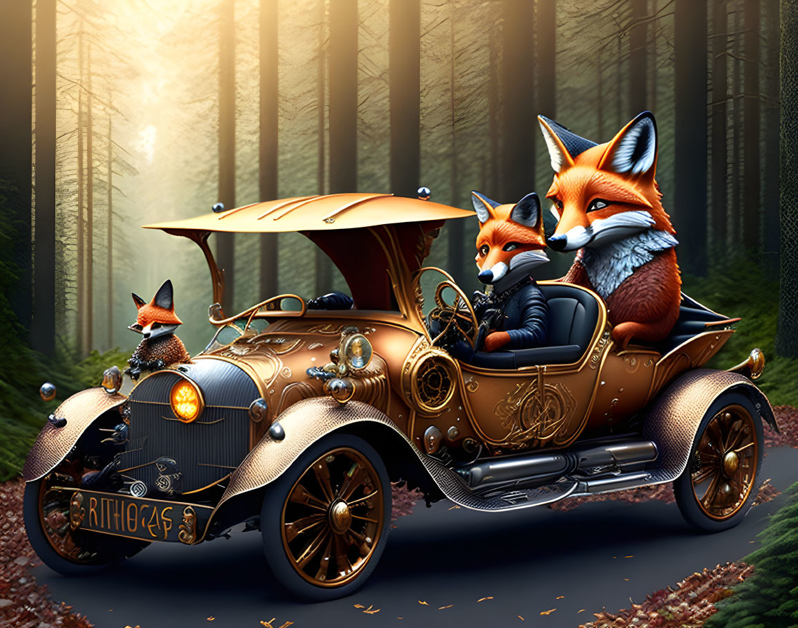 Anthropomorphic foxes in vintage attire driving classic car in mystical forest