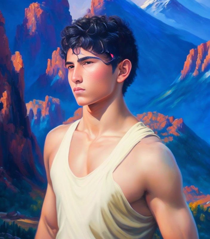 Young man with dark hair in vibrant mountain landscape